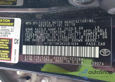 2019 Toyota Camry Se z USA, uszkodzony, nr VIN 4T1B11HK2KU281694